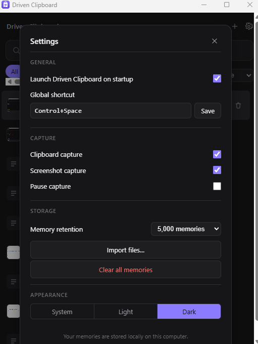 Driven settings showing startup, global shortcut, capture, storage and appearance options