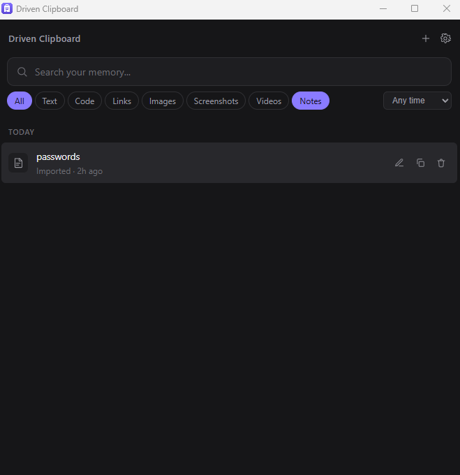 The Driven Clipboard window with the search field and type filters